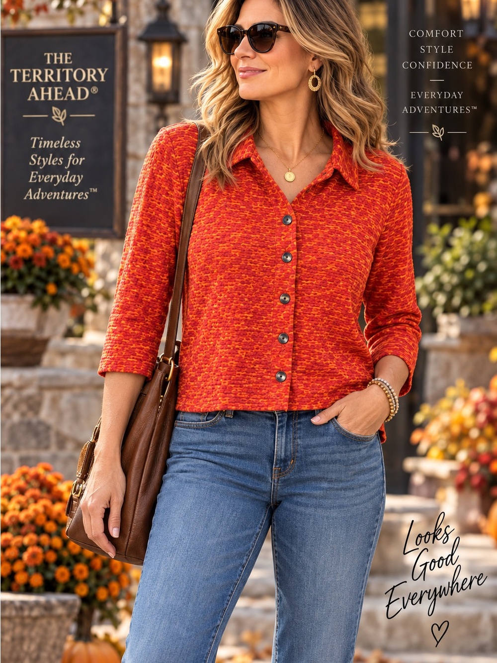 Textured Knit Button-Front Shirt – Size M – Orange/Red